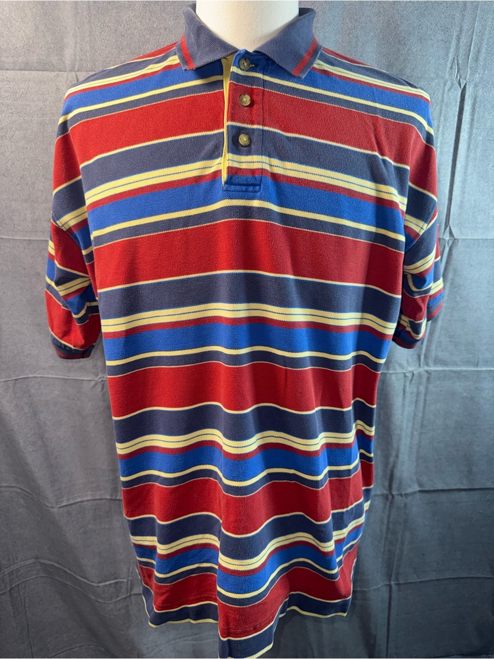 1528-Halifax Men's Red Striped Polo with Blue and Yellow Accents